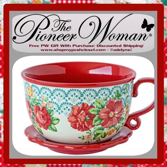 The Pioneer Woman Other - 🌺 New The Pioneer Woman Vintage Floral Teacup Planter, Red & Teal Blue